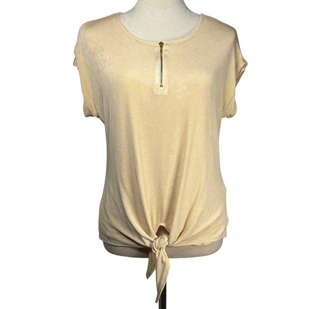 Chicos Size Small 0 Travelers Pale Yellow Slinky Knit Front Tie Quarter Zip Top